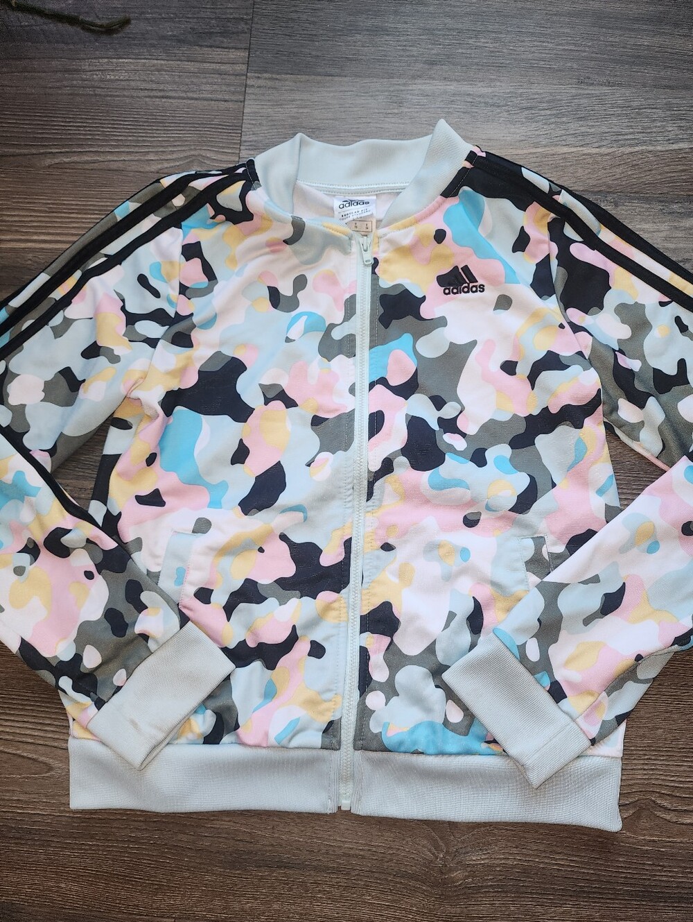 Girls Adidas Track Bomber Jacket XL 16 Camo Blue Pink Gray Tricot Regular Fit